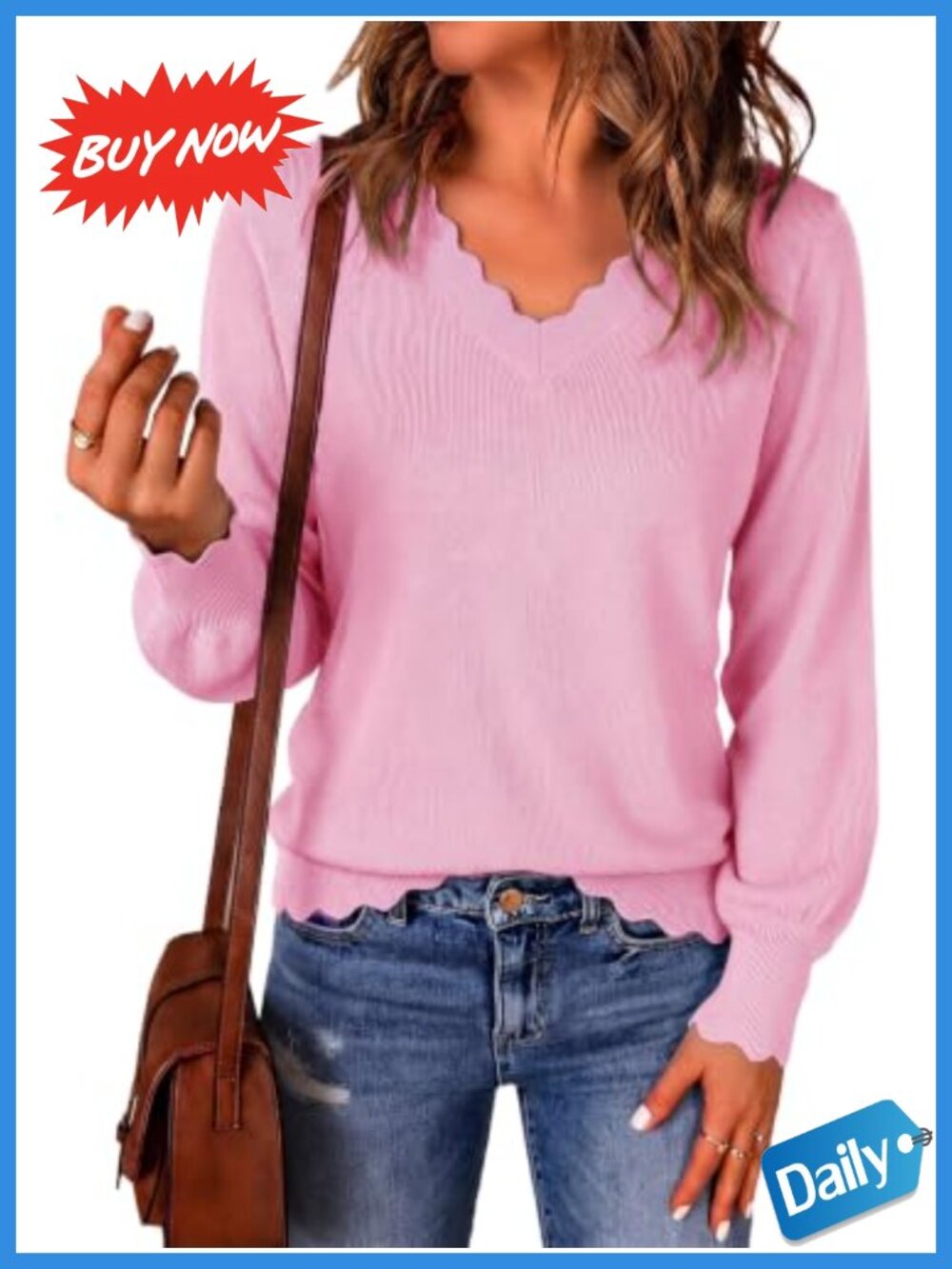 V Neck Long Sleeve Scallop Trim Knit Pullover Sweater Loose Fit Casual Top